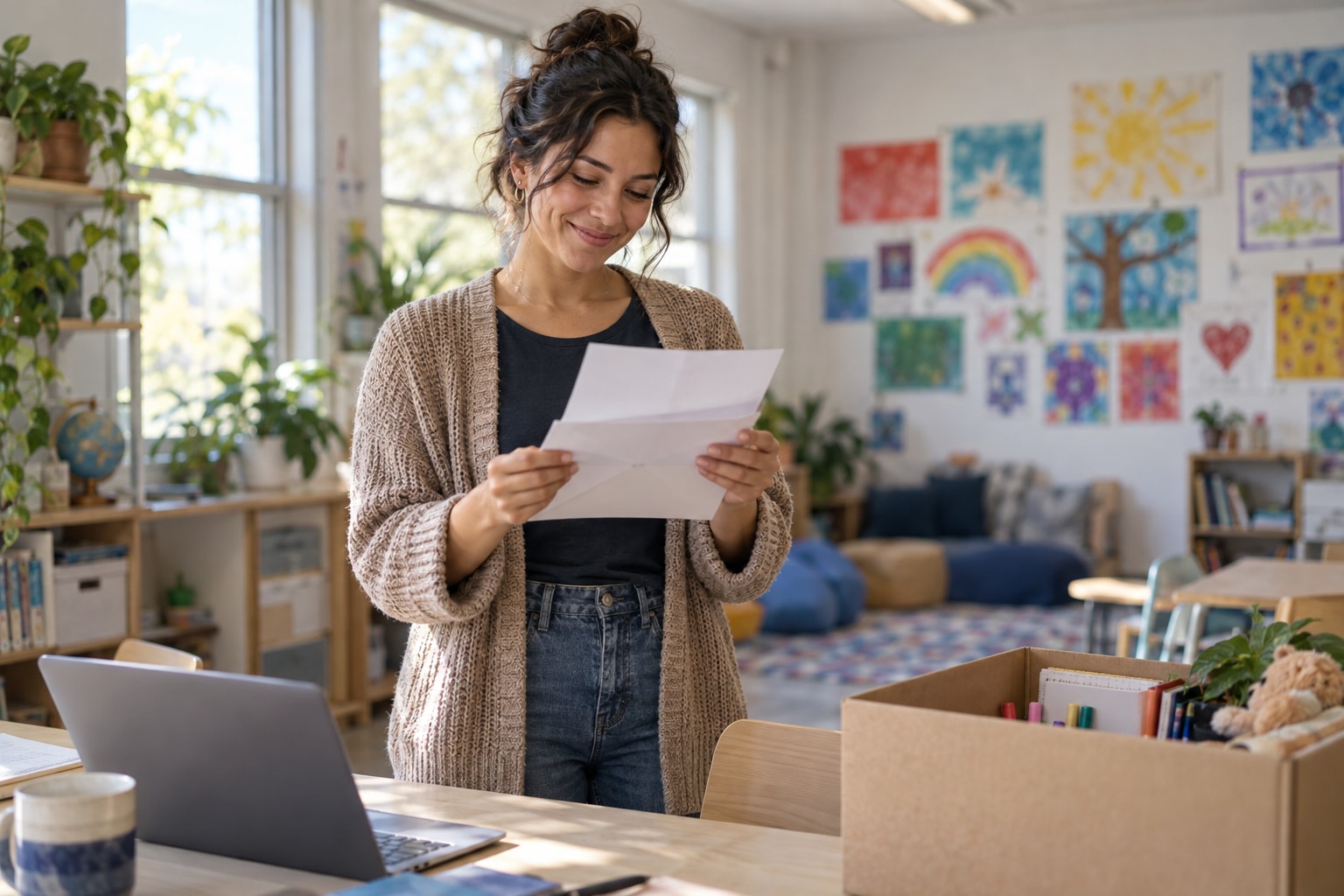 Nonprofit founder reading the IRS 501(c)(3) determination letter in a classroom