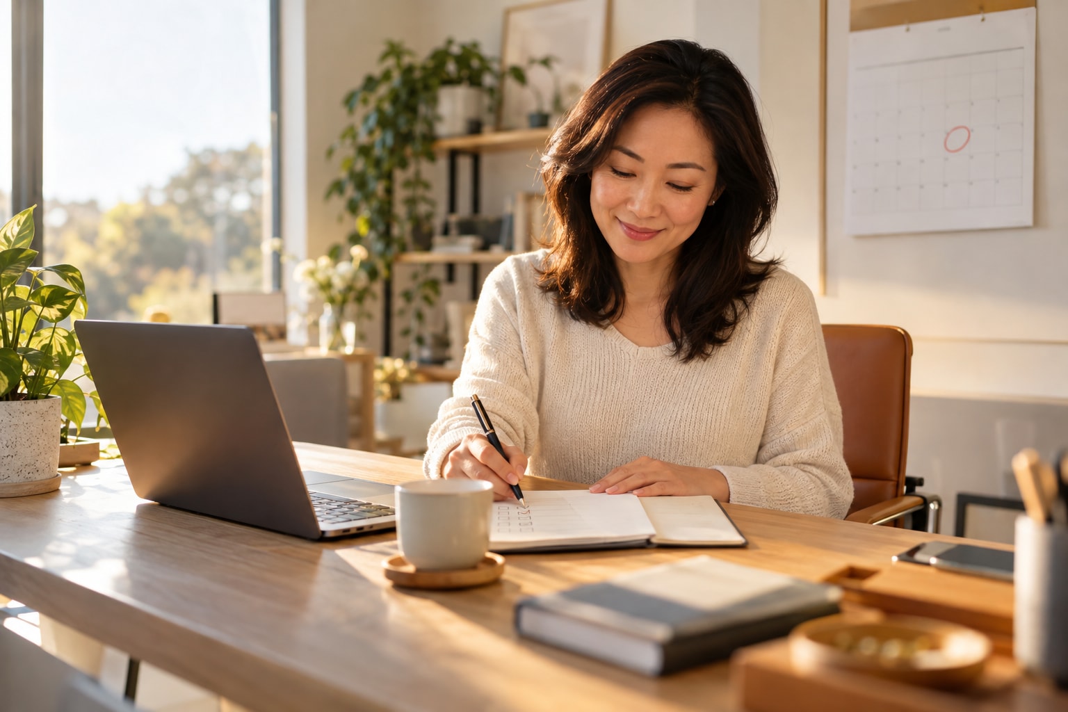 Founder writing in a notebook beside a wall calendar to prepare the annual report filing