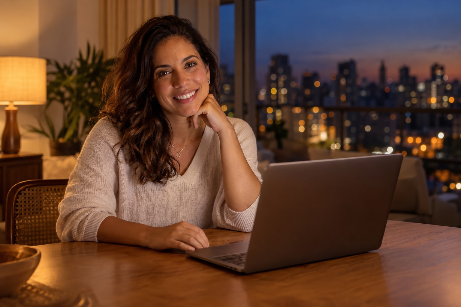 Founder smiling at a laptop at home at dusk after checking whether a BOI report is due