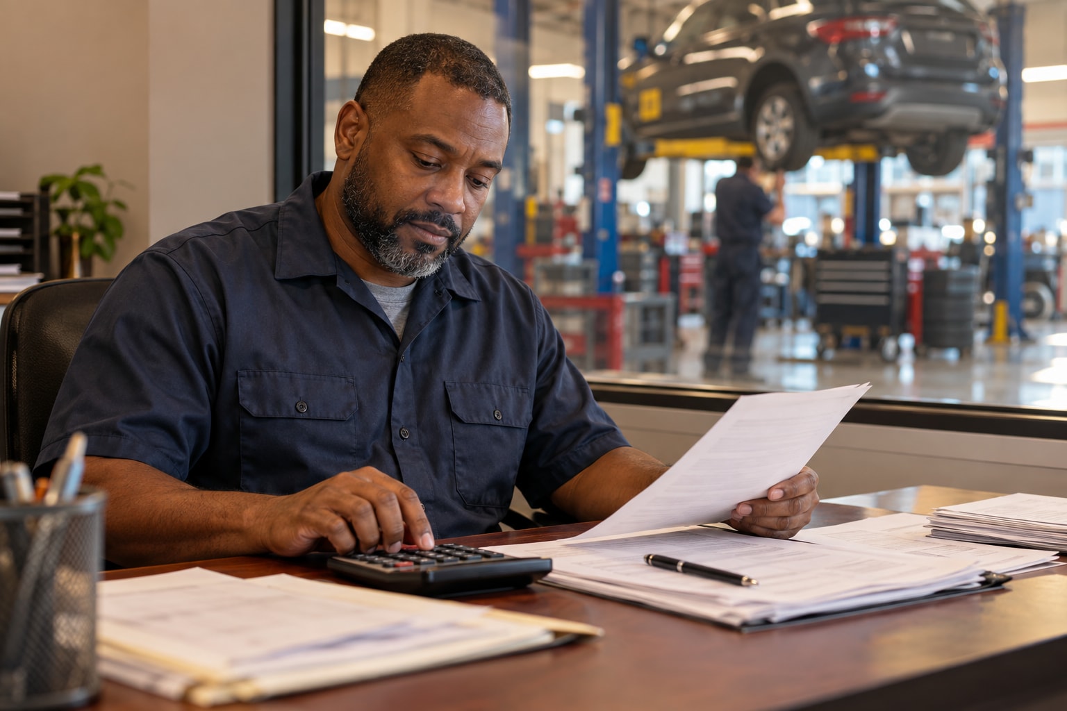 Auto repair shop owner checking invoices with a calculator for the shop's bookkeeping