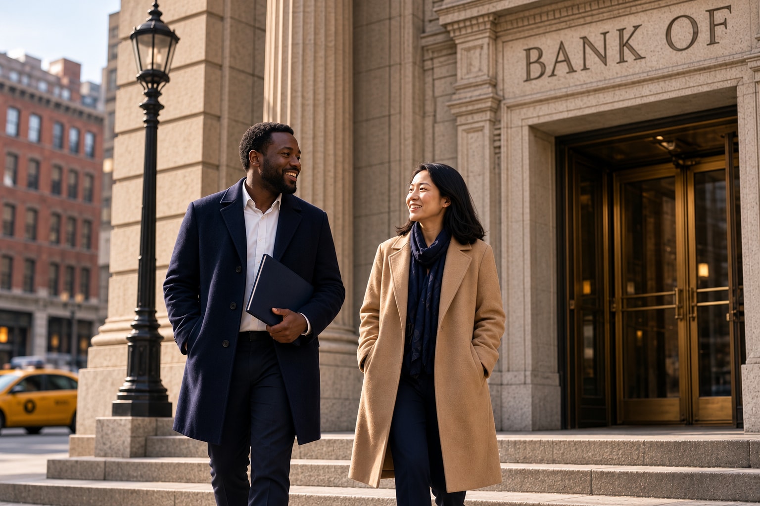 Two founders leaving a bank after their business bank account setup, one holding a folder