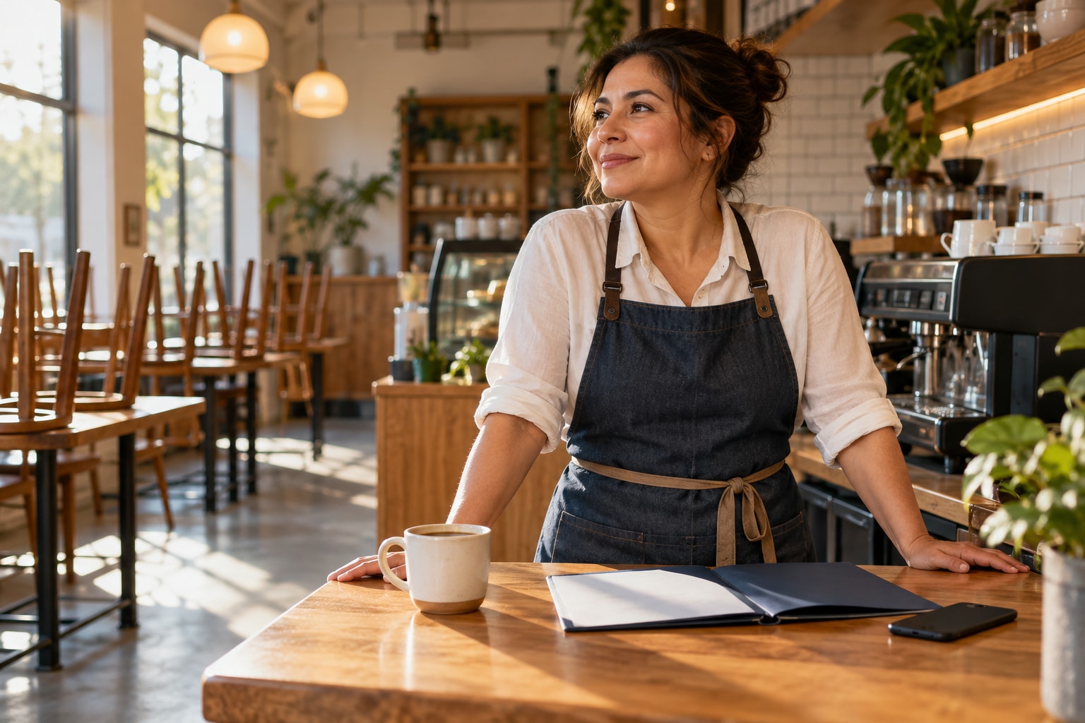 Cafe owner reading a business license research report at the counter before opening day