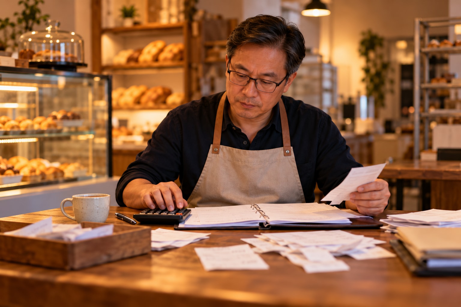 Bakery owner going through receipts and a ledger with a calculator for the business tax return