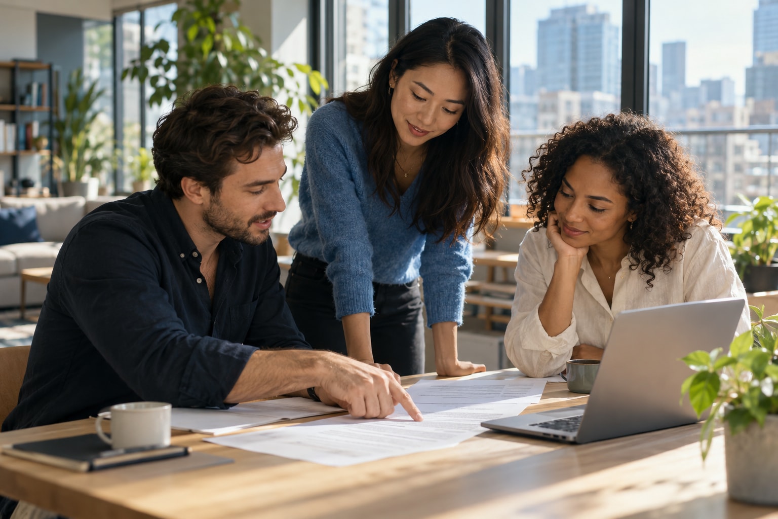 Three founders reviewing their C-Corporation incorporation papers at a laptop in a bright office