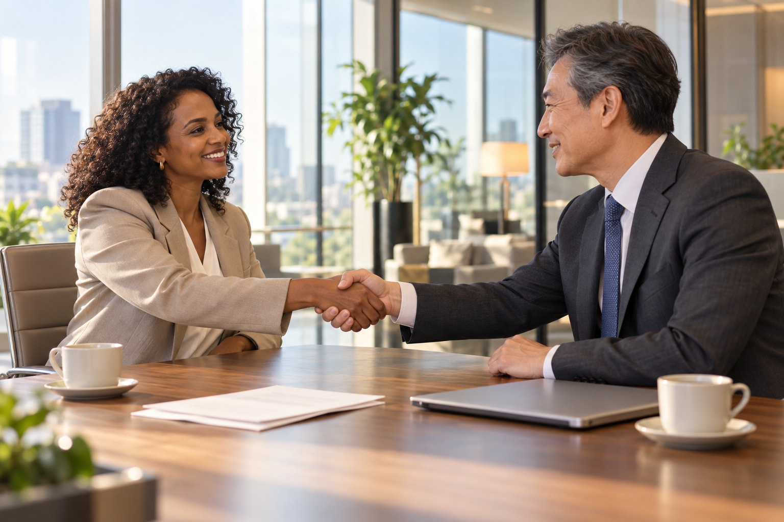 Two business people shaking hands across a table after reviewing a certificate of good standing