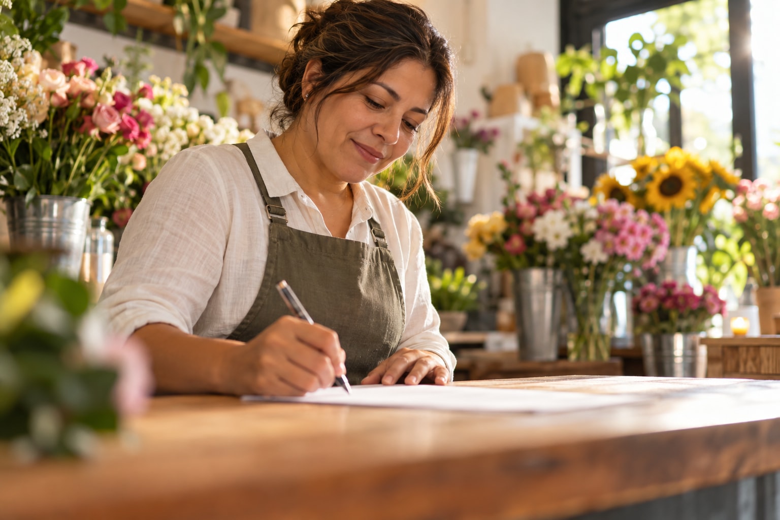 Florist signing a company amendment form at the counter of a flower shop