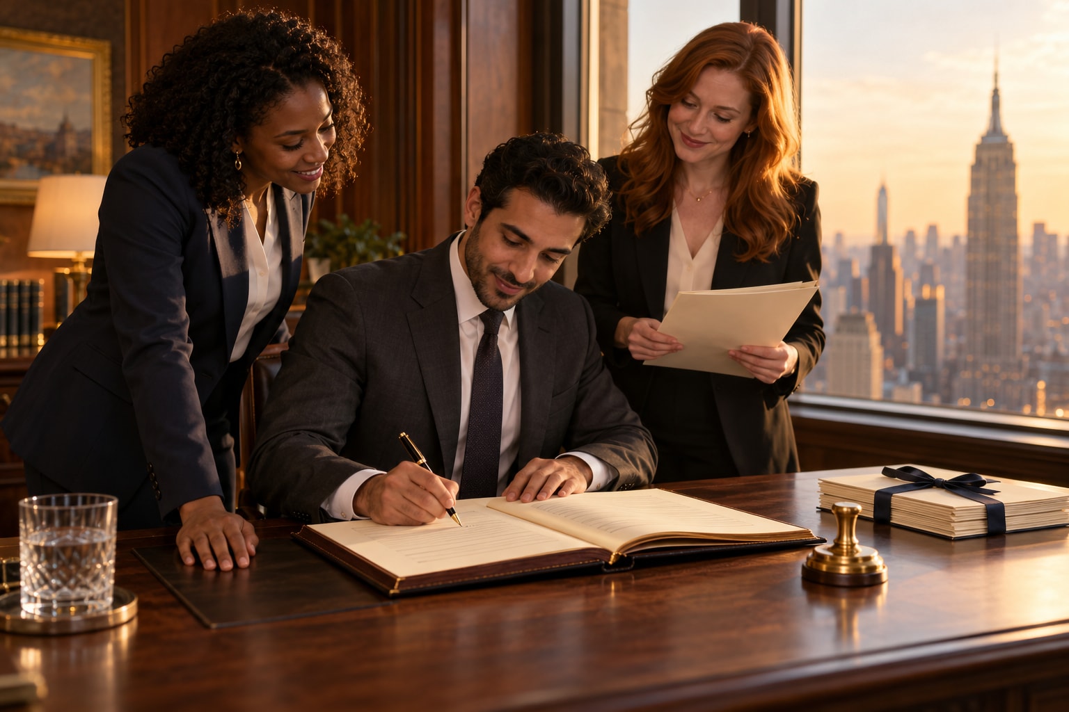 Corporate officer signing the company bylaws in a bound minute book as two directors look on