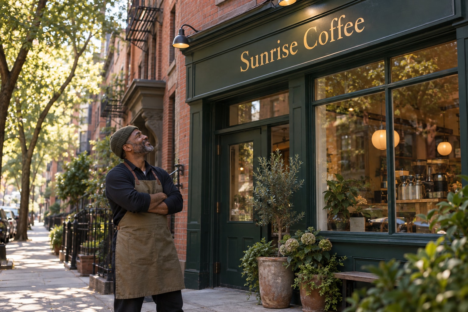 Coffee shop owner smiling at the Sunrise Coffee sign, the name the shop registered as its DBA