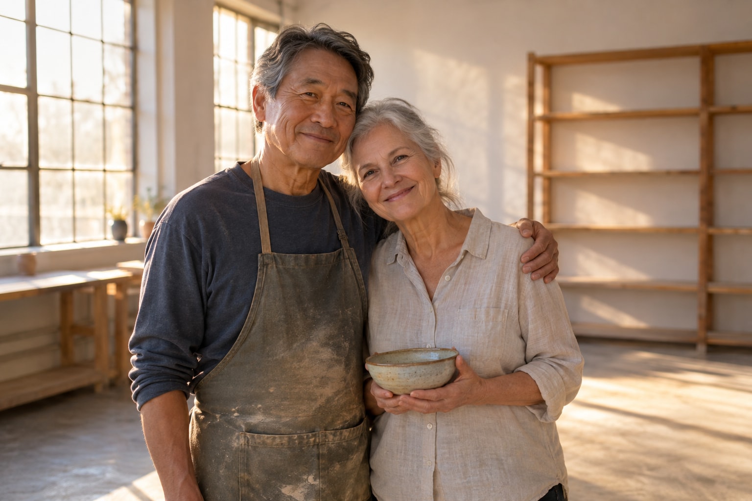 Couple standing in their emptied ceramics studio after dissolving their company