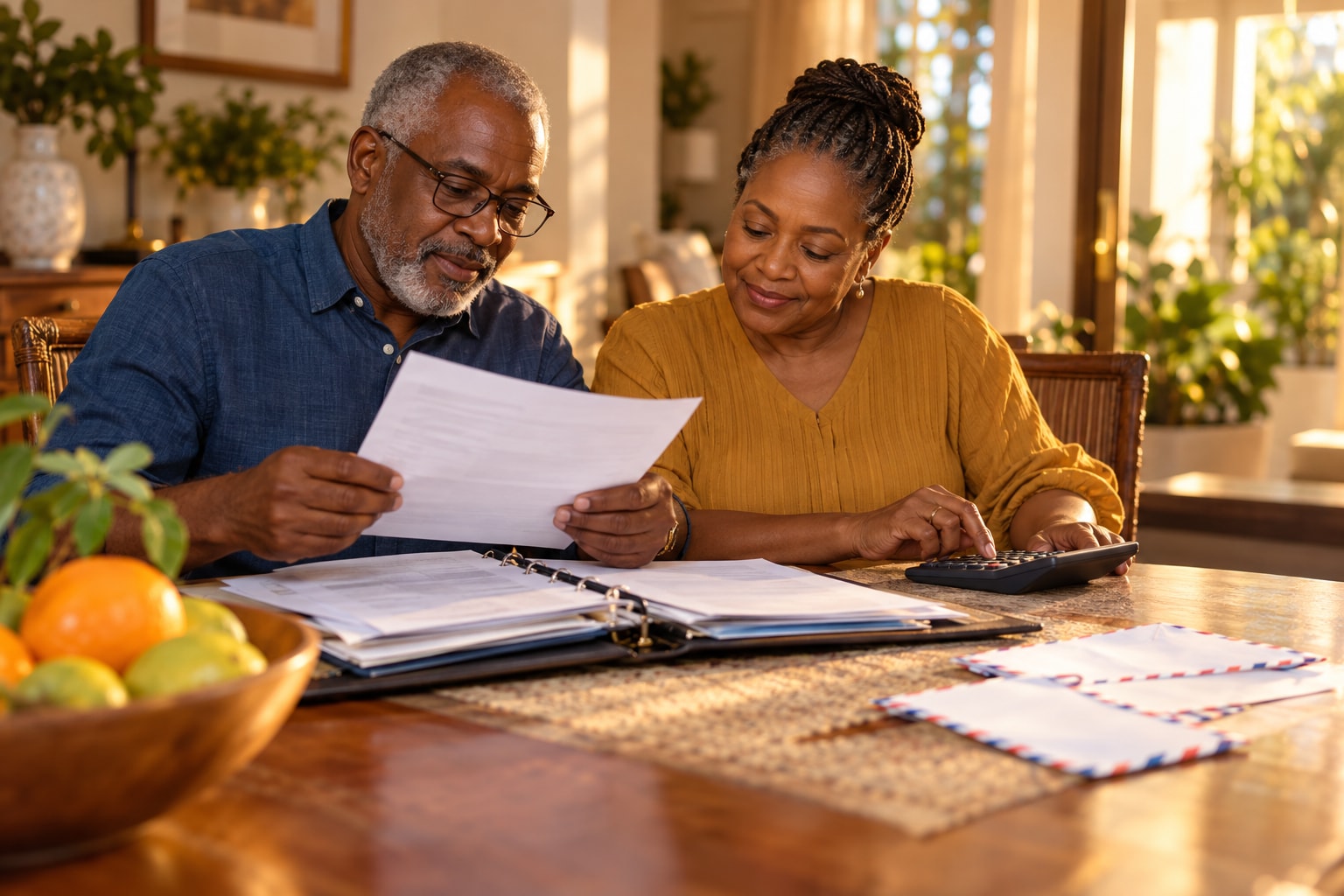 Couple reviewing foreign bank statements at the dining table for their FBAR filing