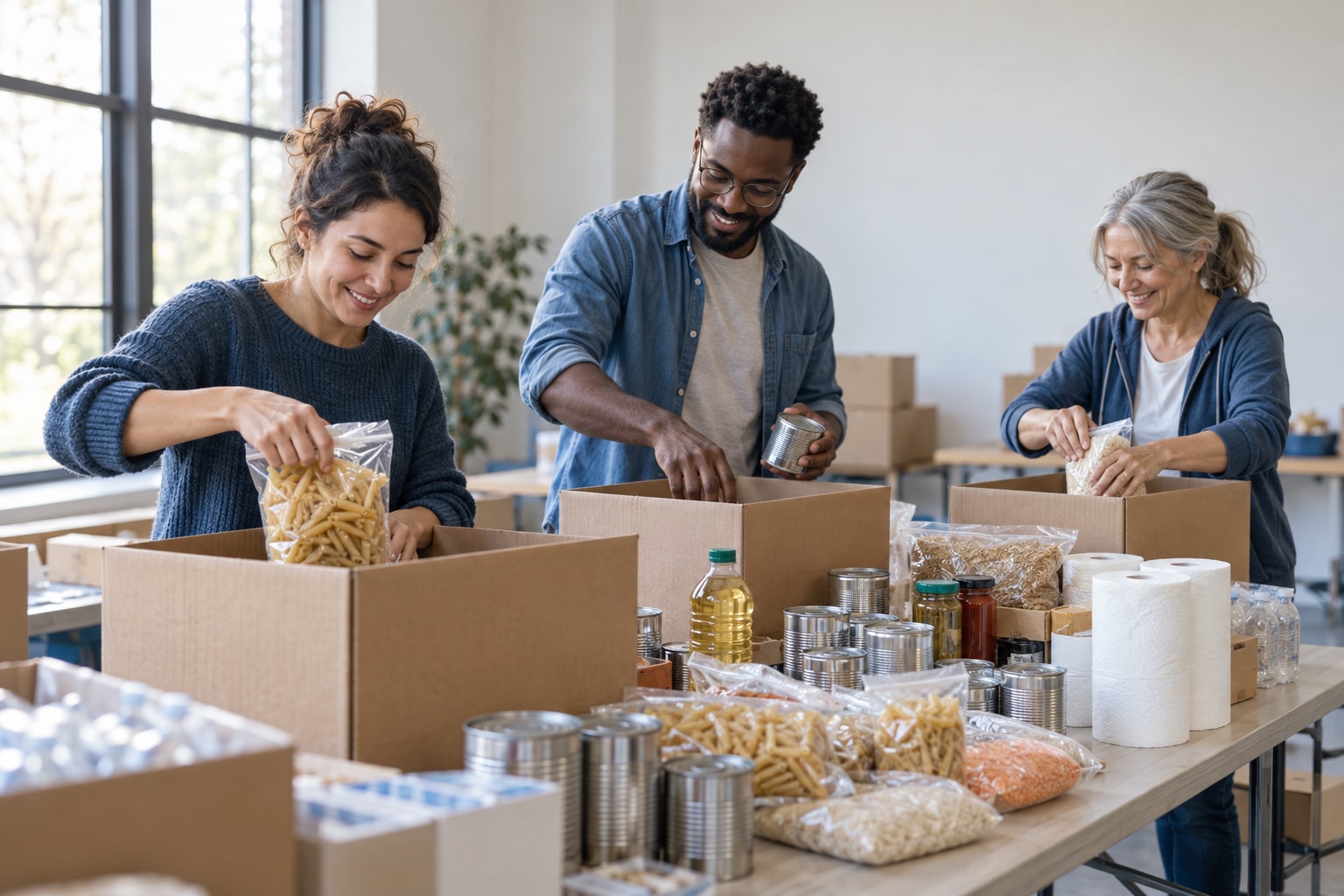 Volunteers of a new nonprofit packing donated food into boxes in a bright community hall