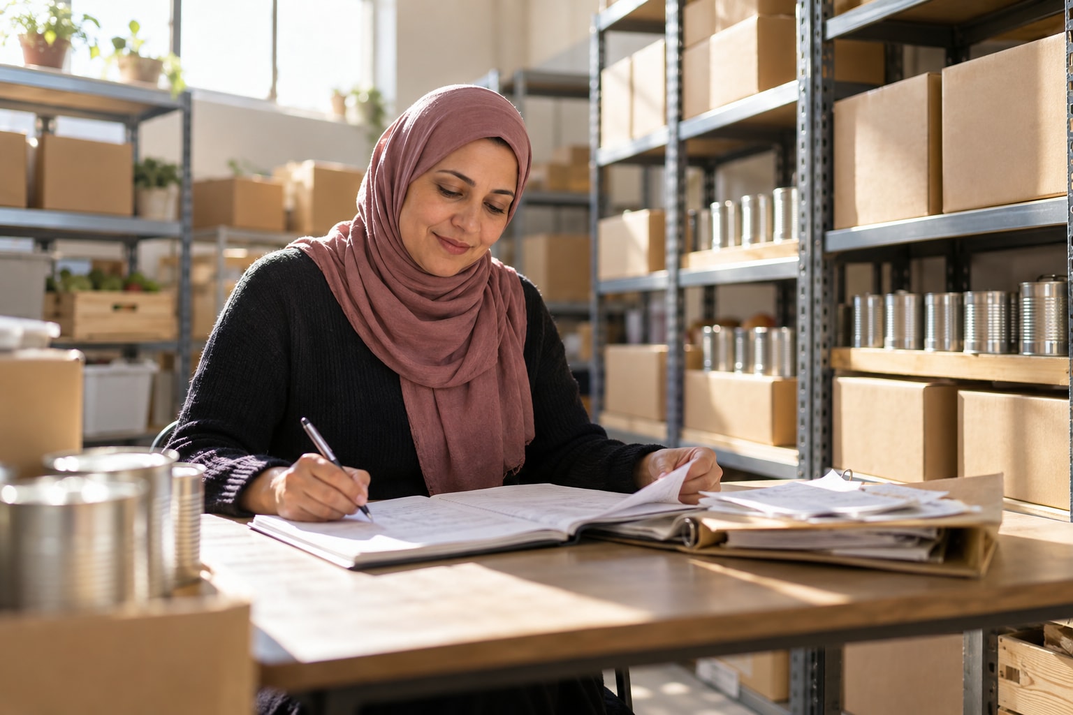 Food charity founder checking records among donation boxes for the nonprofit tax return