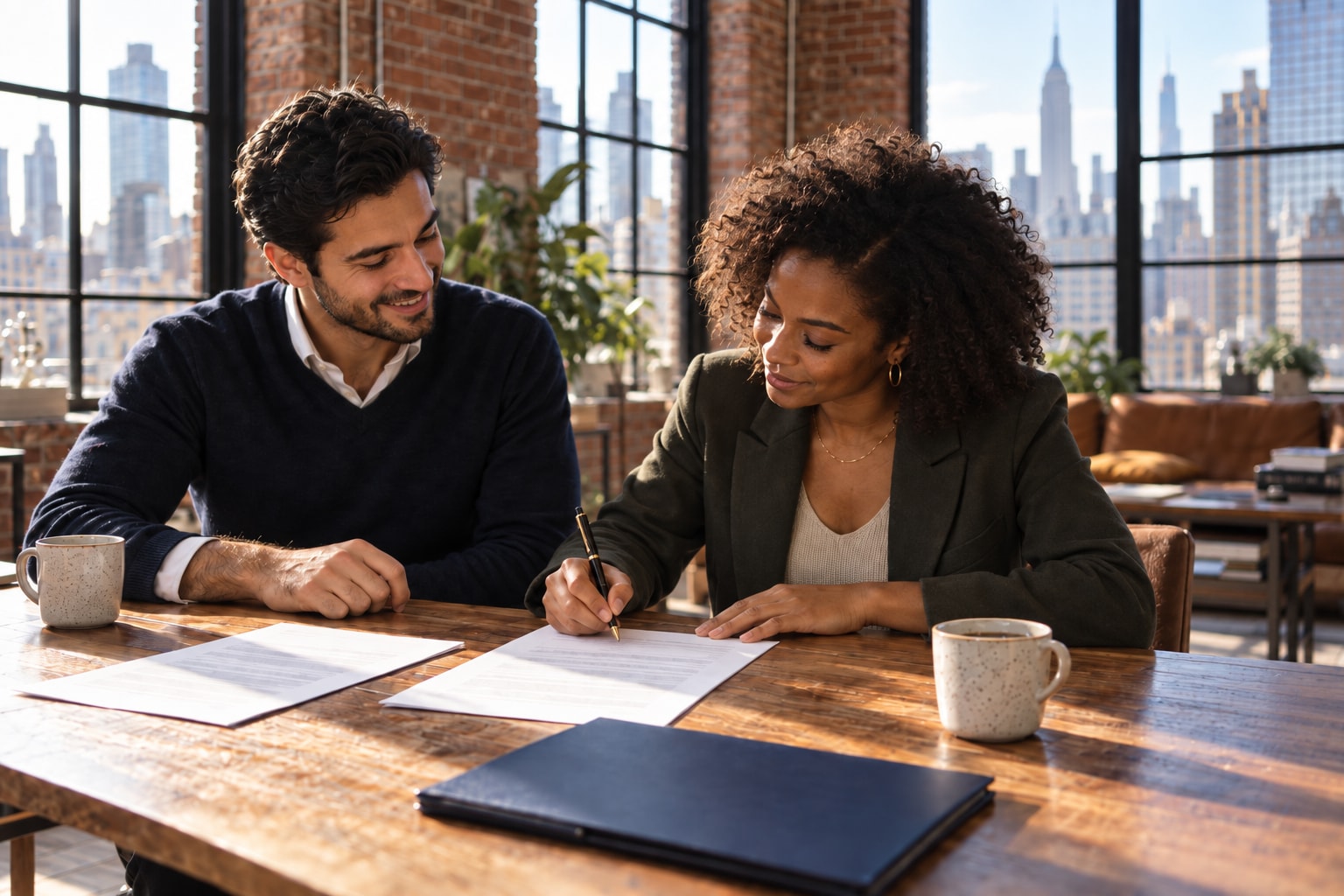 Two LLC members signing their operating agreement at a table by a city window