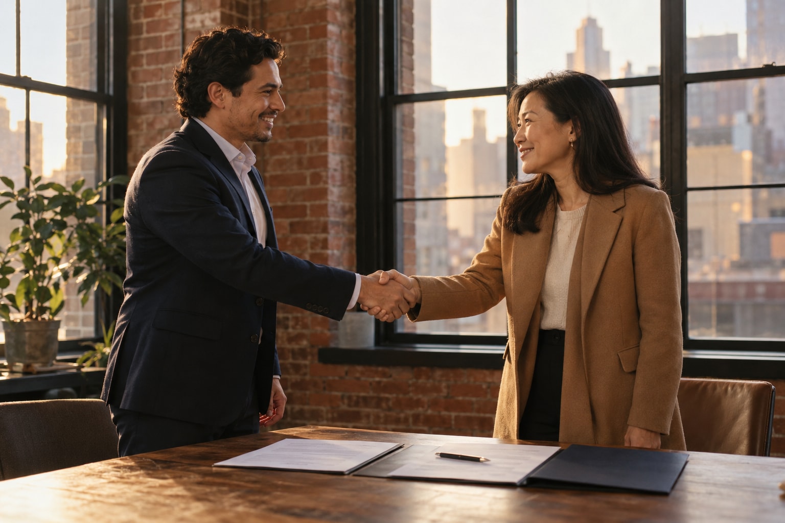 Two partners shaking hands over their signed partnership agreement in a brick office