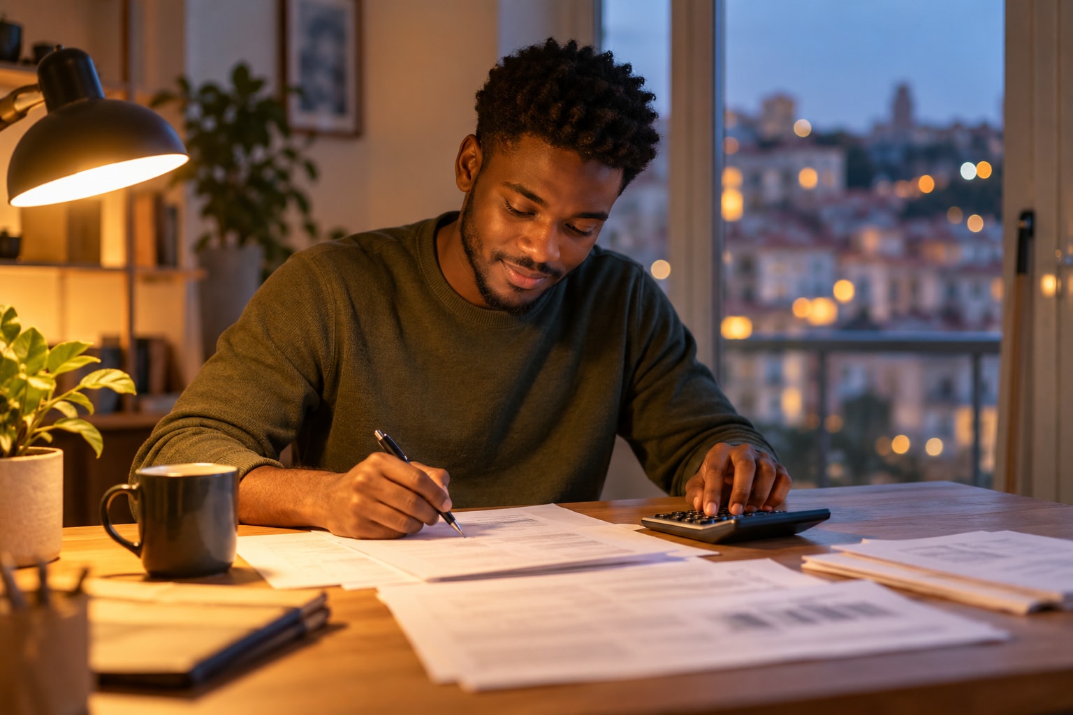 Taxpayer working through income forms with a calculator at an evening desk for a personal tax return