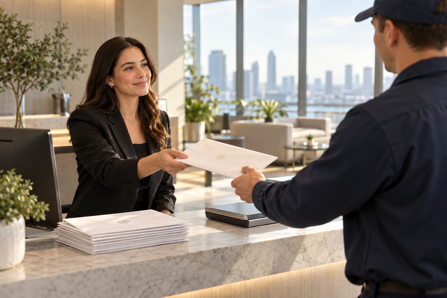 A certified state letter for a client business arriving at an office front desk