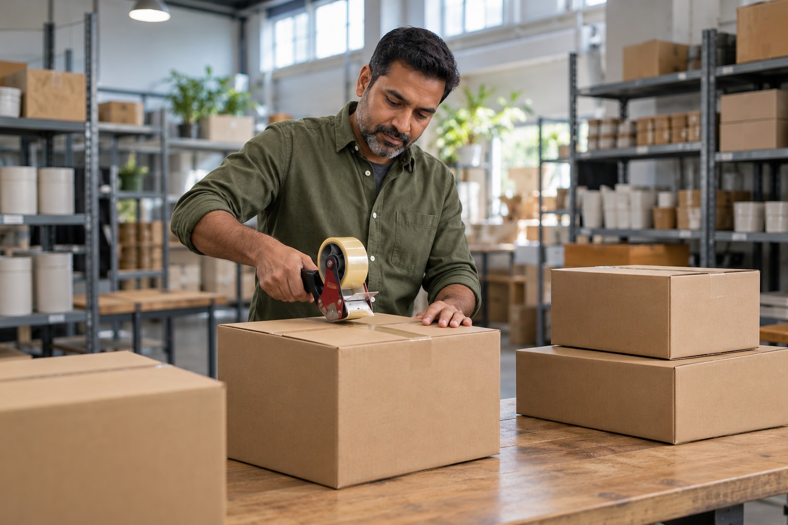 Retailer sealing inventory boxes in a stockroom, stock bought tax free with a resale certificate