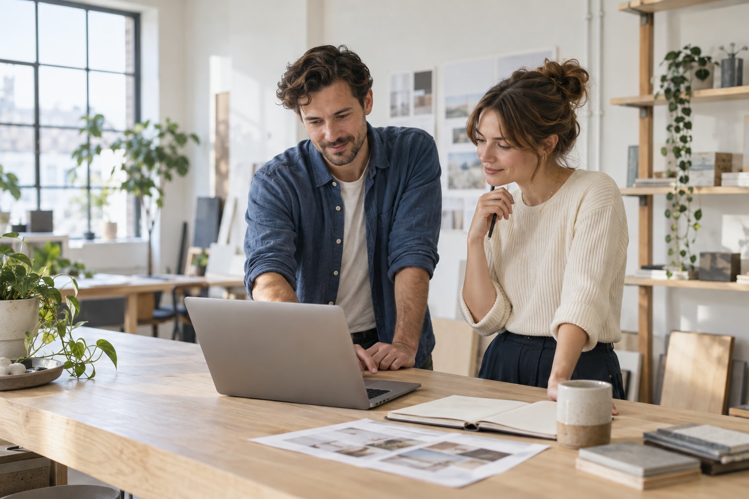 Two founders planning their S Corporation formation at a laptop in a bright studio