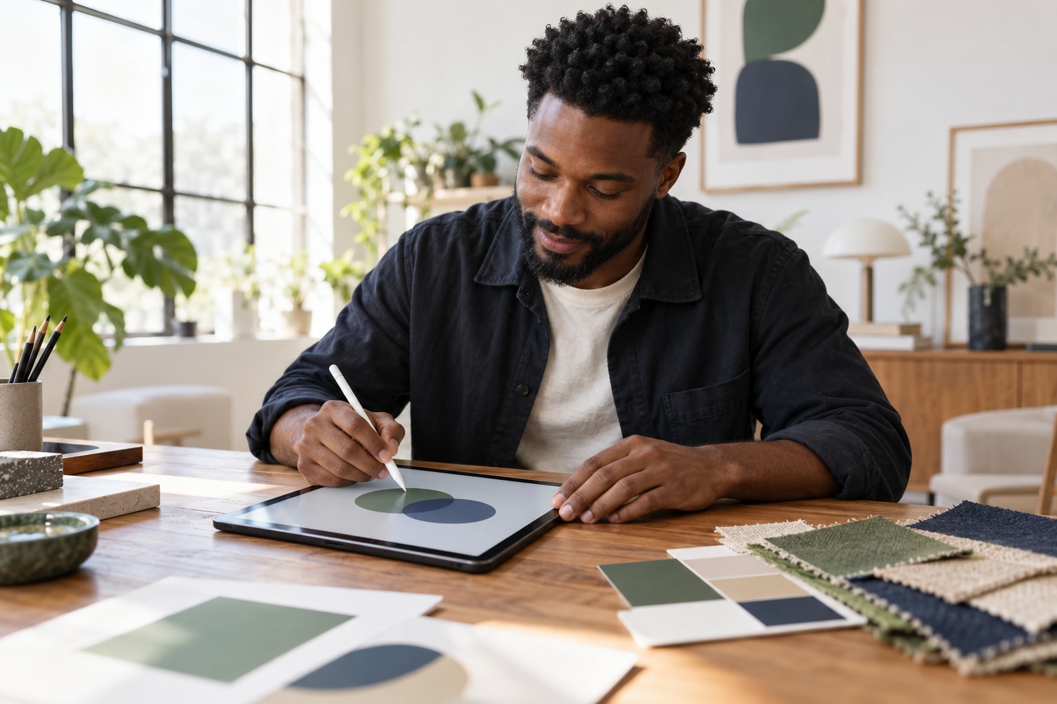 Designer sketching a brand logo on a tablet ahead of its trademark registration