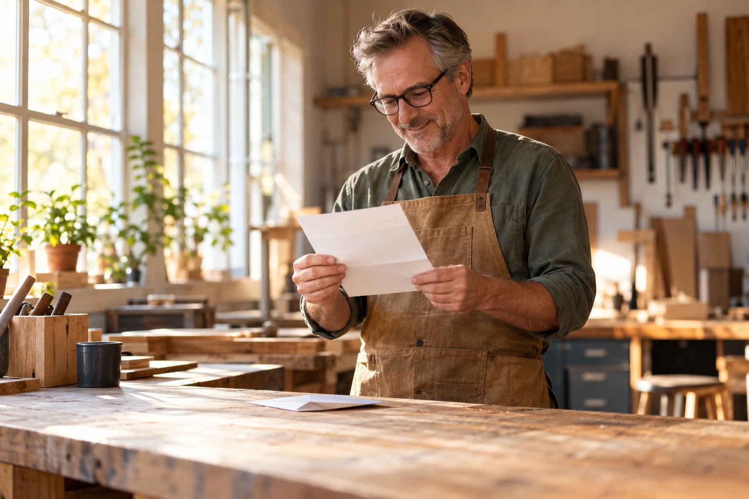 Furniture workshop owner reading an IRS letter confirming an EIN update