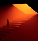 Figure on a glowing red staircase