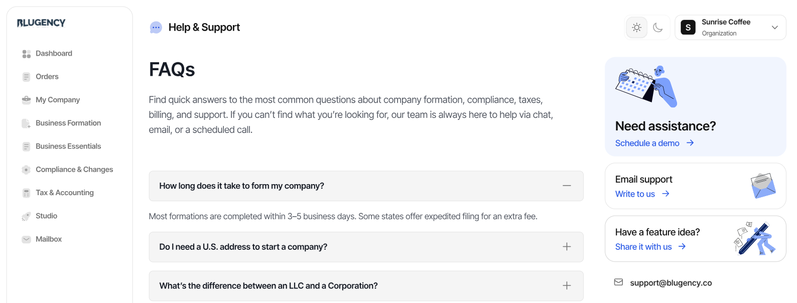 Help & Support FAQs preview